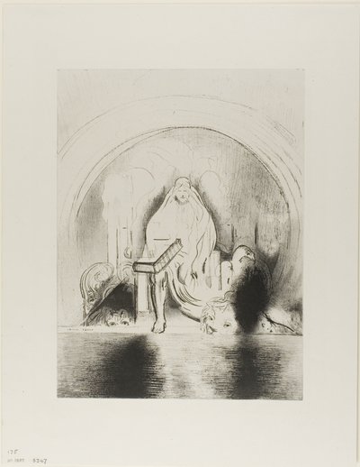 Und ich sah in der rechten Hand dessen, der auf dem Thron saß, ein Buch, beschrieben innen und auf der Rückseite, versiegelt mit sieben Siegeln, Tafel 2 von 12 von Odilon Redon