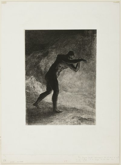 Und der Mensch erschien; Fragend die Erde, aus der er hervorging und die ihn anzog, machte er sich auf den Weg zum düsteren Glanz, Tafel 8 von 8 aus "Les Origines" von Odilon Redon