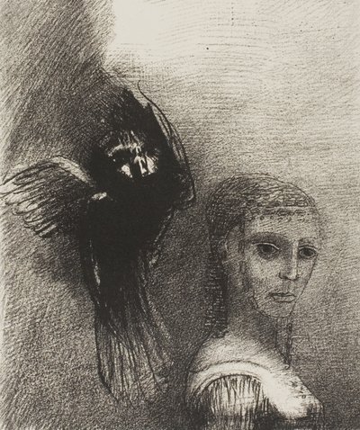 Und ein großer Vogel, der vom Himmel herabsteigt, stürzt sich gegen die höchste Spitze ihres Haares, Platte 3 von 10 von Odilon Redon