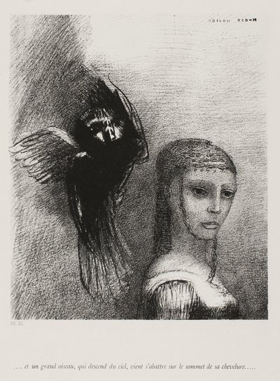 Und ein großer Vogel, der vom Himmel herabsteigt, stürzt sich gegen die höchste Spitze ihres Haares, Platte 3 von 10, 1888 von Odilon Redon