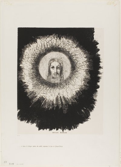 Und im sehr Diskus der Sonne leuchtet das Gesicht Jesu Christi, Platte 10 aus der Versuchung des Heiligen Antonius (1. Serie) von Odilon Redon