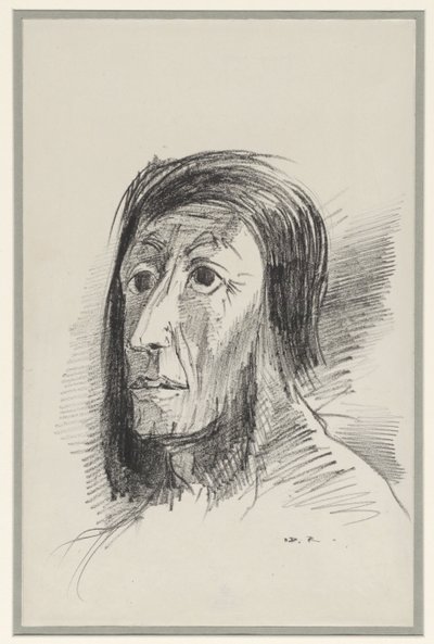 Kopf mit schwarzen Haaren und weit aufgerissenen Augen von Odilon Redon