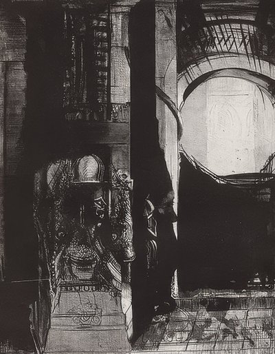 Et partout se sont des colonnes de basalte, La lumière tombe des voûtes, Blatt 3 der Folge La Tentation de Saint-Antoine von Odilon Redon
