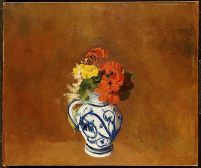 Geranien und andere Blumen in einer Steingutvase von Odilon Redon
