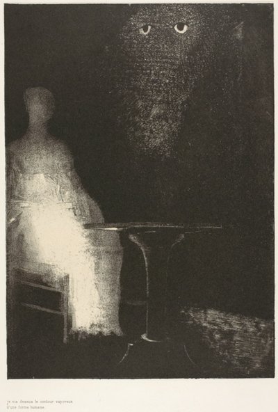 Ich starrte weiter auf den Stuhl und bildete mir ein, darauf eine blassblaue neblige Umrisslinie einer menschlichen Figur zu sehen, Platte 1 von 6 von Odilon Redon