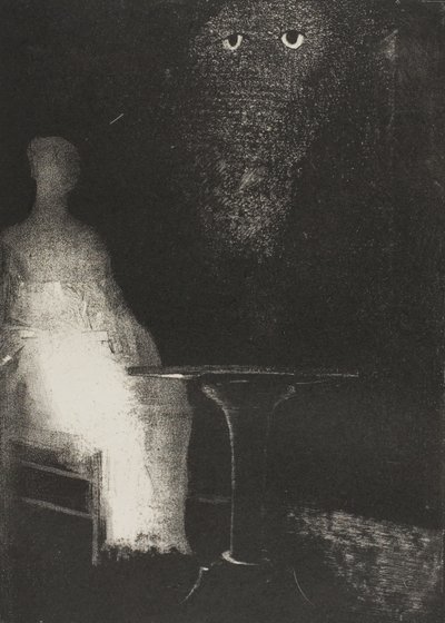 Ich starrte weiter auf den Stuhl und bildete mir ein, darauf eine blassblaue neblige Umrisslinie einer menschlichen Figur zu sehen, Platte 1 von 6 von Odilon Redon