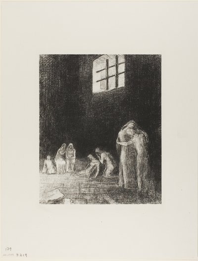 Im Schatten sind Menschen, die weinen und beten, umgeben von anderen, die sie ermahnen, Platte 6 von 24 von Odilon Redon