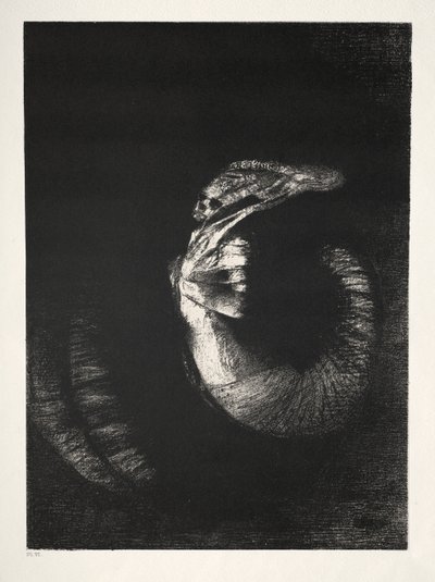 Es ist ein Schädel, der mit Rosen umkränzt ist. Er dominiert den perlmuttweißen Torso einer Frau von Odilon Redon