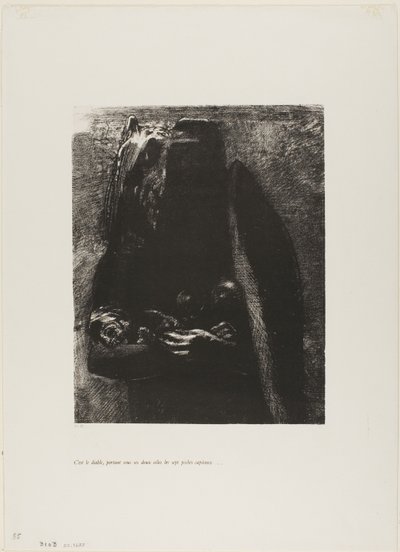 Es ist der Teufel, der unter seinen zwei Flügeln die sieben Todsünden trägt, Platte 2 aus Die Versuchung des Heiligen Antonius (1. Serie) von Odilon Redon