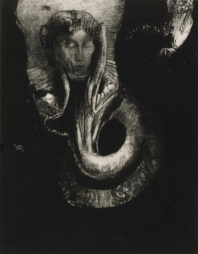 Oannes: "Ich, das erste Bewusstsein im Chaos, stieg aus dem Abgrund auf, um Materie zu verhärten, Formen zu bestimmen," Tafel 14 aus Die Versuchung des heiligen Antonius (3. Serie) von Odilon Redon