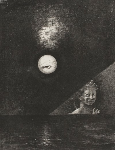 Am Horizont der Engel der Gewissheit, und im düsteren Himmel ein fragendes Auge, Platte vier aus An Edgar Poe von Odilon Redon