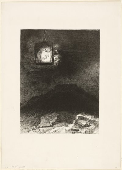 Prekäres Glitzern, ein Kopf, der von der Unendlichkeit hängt, Platte 3 von 6 von Odilon Redon