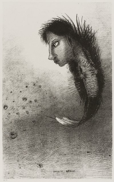 Dann erscheint ein seltsames Wesen, mit dem Kopf eines Mannes auf dem Körper eines Fisches, Platte 5 von 10 von Odilon Redon
