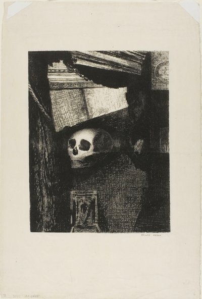 Durch eine Öffnung in der Wand erschien ein Schädel, Platte 1 aus Edmond Picards Le Jure von Odilon Redon