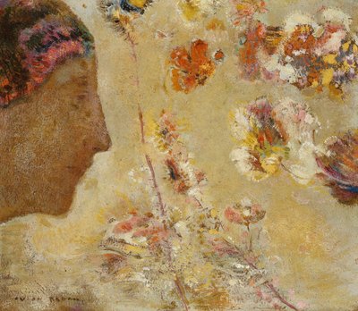 Frau im Profil mit Schmetterling und Blumen von Odilon Redon