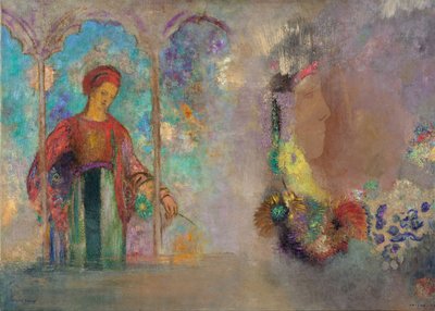 Frau in einer gotischen Arkade - Frau mit Blumen von Odilon Redon