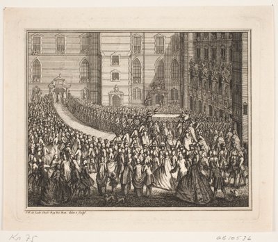 König Frederik V in Prozession zur Salbungszeremonie in der Frederiksborg Schlosskirche. Illustration zur Salbungsakte von Frederik IV von Odvardt Helmoldt de Lode
