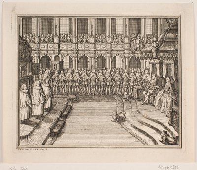 König Frederik V und Königin Louise während der Krönungszeremonie in der Schlosskirche von Frederiksborg. Illustration zur Krönungsakte von Frederik IV von Odvardt Helmoldt de Lode