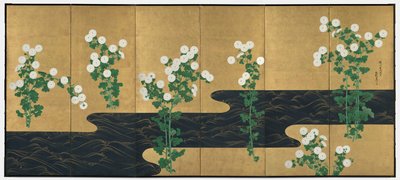 Chrysanthemen an einem Bach, Paar sechsteilige Faltwände, späte 1700er-frühe 1800er von Ogata (follower of) Korin