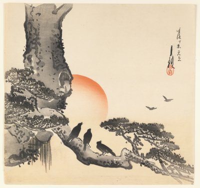 Krähen auf einem Baumstamm, Meiji-Periode von Ogata Gekko