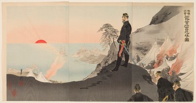 Offiziere und Männer bewundern die aufgehende Sonne beim Biwakieren in den Bergen von Port Arthur von Ogata Gekko