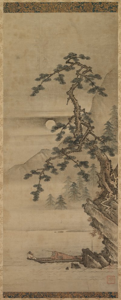 Mondscheinlandschaft mit Kiefer und altem Mann im Boot, Muromachi-Periode, 1392-1573 von Oguri Sotan