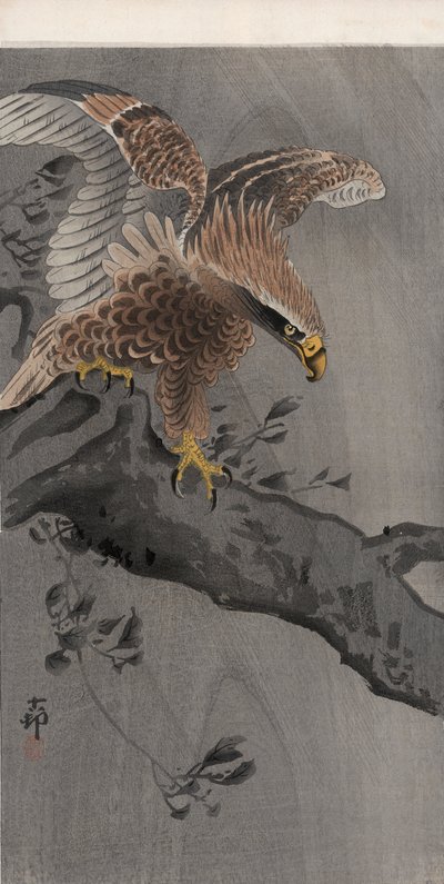 Adler mit ausgebreiteten Flügeln auf Baumstamm von Ohara Koson