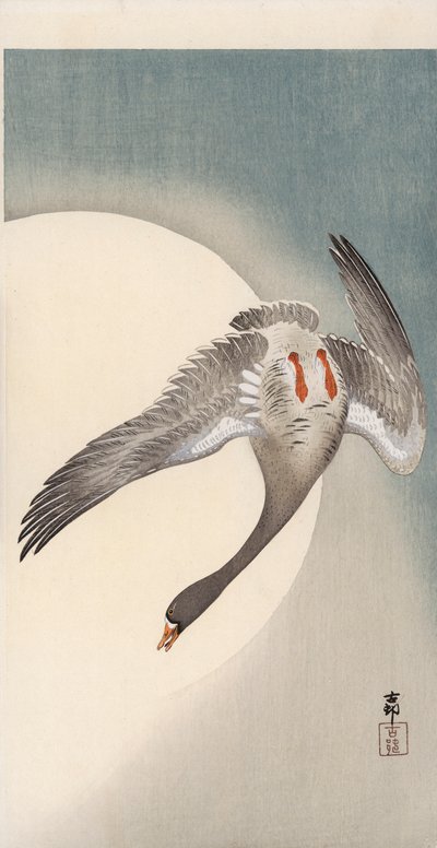 Fliegende Weißwangengans vor dem Mond von Ohara Koson