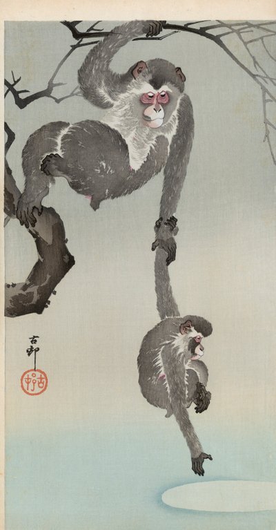 Affe und Baby greifen nach dem Spiegelbild des Mondes von Ohara Koson