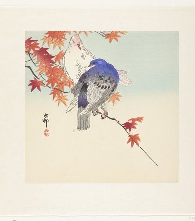 Zwei Tauben auf einem Ast mit Herbstblättern von Ohara Koson