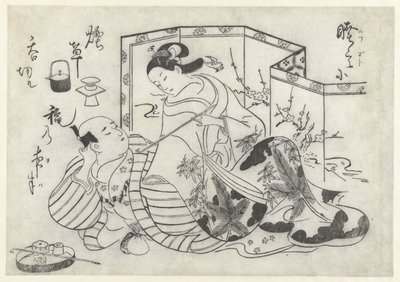 Japanischer Mann und Frau, rauchend vor einem Paravent von Okumura Masanobu (attributed to)