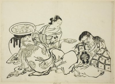 Kurtisane, die Shojo mit Sake versorgt, Nr. 4 aus einer Serie von 12 Drucken von Okumura Masanobu