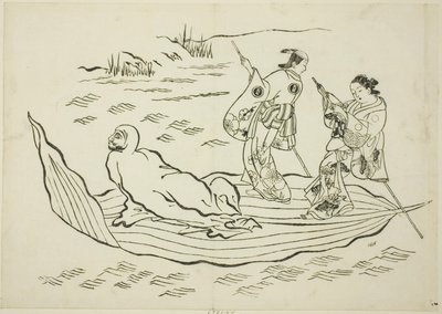 Daruma überquert das Meer auf einem Blatt, Nr. 7 aus einer Serie von 12 Drucken von Okumura Masanobu