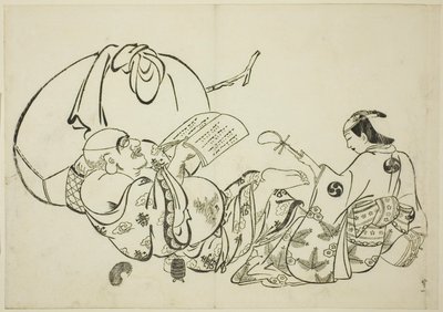 Hotei liest ein Buch, Nr. 11 aus einer Serie von 12 Drucken von Okumura Masanobu