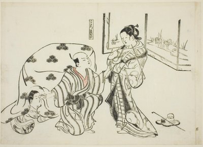 Kotatsu Dojoji, Nr. 5 aus einer Serie von 12 Drucken, die Parodien von Theaterstücken darstellen von Okumura Masanobu