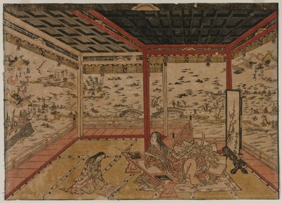 Lady Murasaki in Ishiyama mit Blick auf ein Panorama mit acht Ansichten des Biwa-Sees von Okumura Masanobu