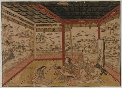 Lady Murasaki in Ishiyama mit Blick auf ein Panorama mit sieben Ansichten des Biwa-Sees, 1740er Jahre von Okumura Masanobu