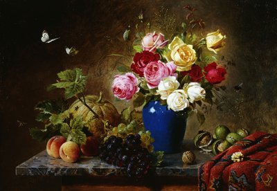 Rosen in einer Vase, Pfirsiche, Nüsse und eine Melone auf einem marmorierten Sims, 1891 von Olaf August Hermansen