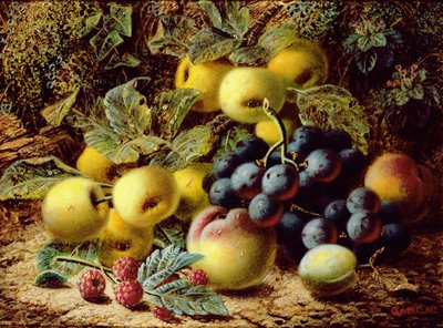 Stillleben mit Äpfeln, Pflaumen, Trauben und Himbeeren von Oliver Clare