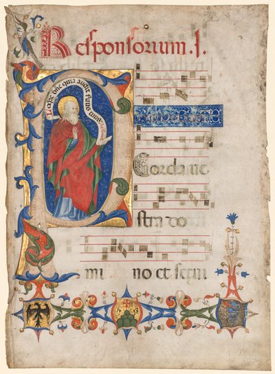 Blatt aus einem Antiphonar: Historisierte Initiale P mit dem Propheten Samuel; Wappen der Familie Visconti und des Olivetanerordens von Olivetan Master