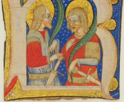 Manuskriptblatt-Ausschnitt mit einer illuminierten Initiale R mit St. Protasius und St. Gervasius, Mitte 15. Jahrhundert von Olivetan Master