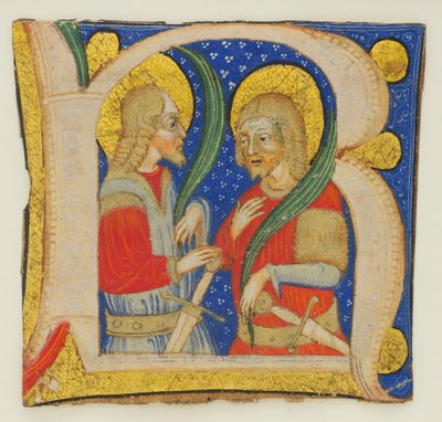 Manuskriptblatt mit einer illuminierten Initiale R mit St. Protasius..., Mitte des 15. Jahrhunderts von Olivetan Master