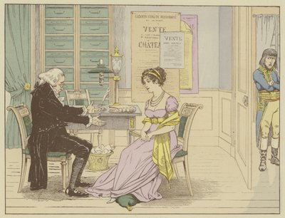 Meister Raguideau, Notar der Witwe Beauharnais, sagt zu ihr, ohne zu wissen, dass er belauscht wird: Du! Heirate diesen kleinen Bonaparte, einen Soldaten, der nichts als einen Umhang und ein Schwert hat., 9. März 1796 (Farblithografie) von Onfray de Breville Job