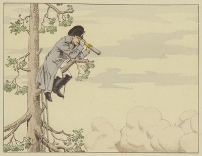 Napoleon beobachtet die Schlacht von Aspern-Essling von der Spitze eines Baumes auf der Insel Lobau, 22. Mai 1809 von Onfray de Breville Job