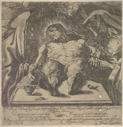 Beweinung Christi durch die drei Marien, ein Salbgefäß auf dem Tisch, 1615 von Orazio Borgianni