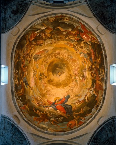 Innenansicht der Kuppel. Fresko, das die Himmelfahrt der Jungfrau Maria darstellt, von Orazio und Girolamo Riminaldi (17. Jahrhundert) von Orazio Riminaldi