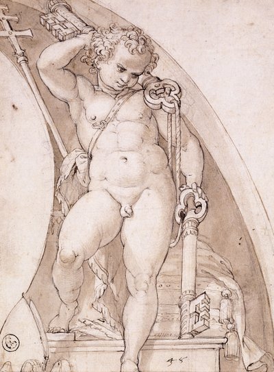 Ein stehender Putto, der die päpstlichen Schlüssel hält: Eine Studie für eine Lunette von Orazio Samacchini