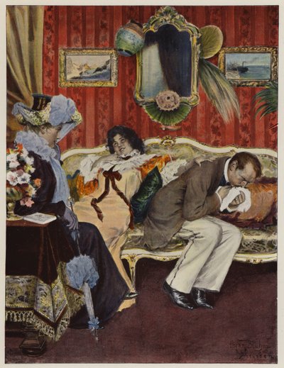 Frisch verheiratetes Paar auf ihrer Hochzeitsreise, der Ehemann leidet an Husten (Farblithografie) von Oscar Bluhm