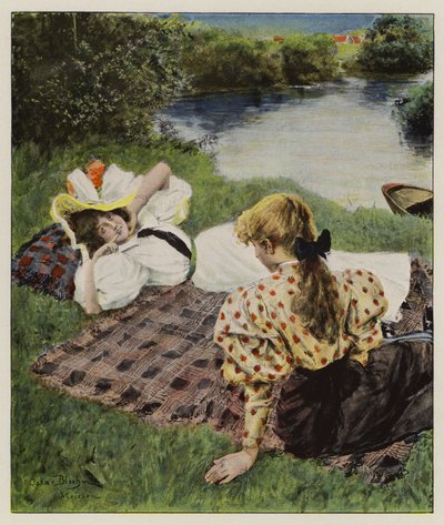 Zwei junge Frauen entspannen sich am Flussufer und sprechen über die Liebe (Farblithografie) von Oscar Bluhm