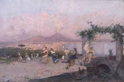 Die Bucht von Neapel mit tanzenden Figuren im Vordergrund von Oscar Ricciardi